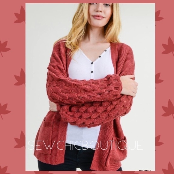 Solid Berry Knit Cardigan w/Scallop Sleeves - Picture 4 of 4